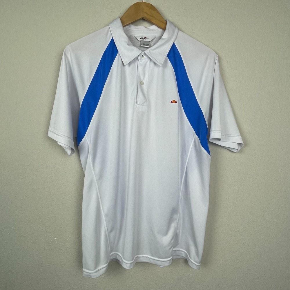 Ellesse Italia White Turquoise Polo Shirt M Golf Tennis 100%‎ Poly Raglan Sleeve